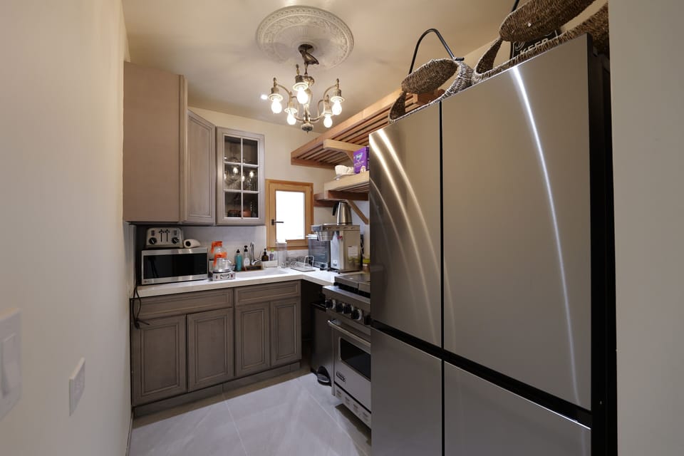 Indoors, Chandelier, Lamp, Appliance, Refrigerator