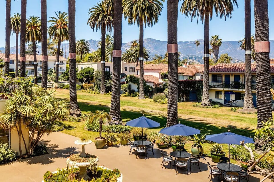 Unwind on the lawn beneath towering palms and mountain views.