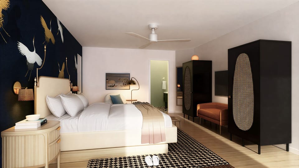 Stretch out in a spacious bedroom with chic storage and TV.