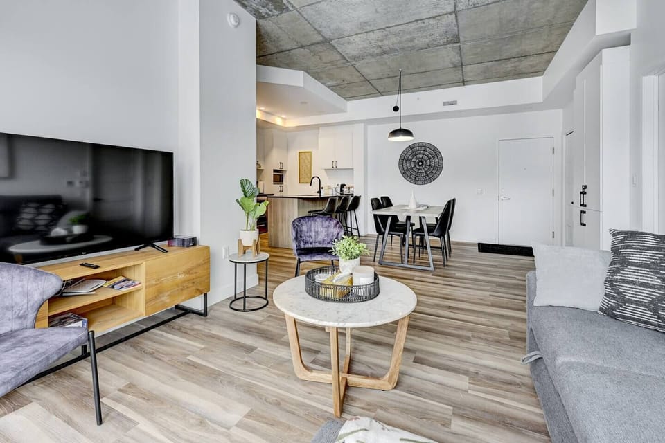 Confortable salon avec TV intelligente et salle à manger