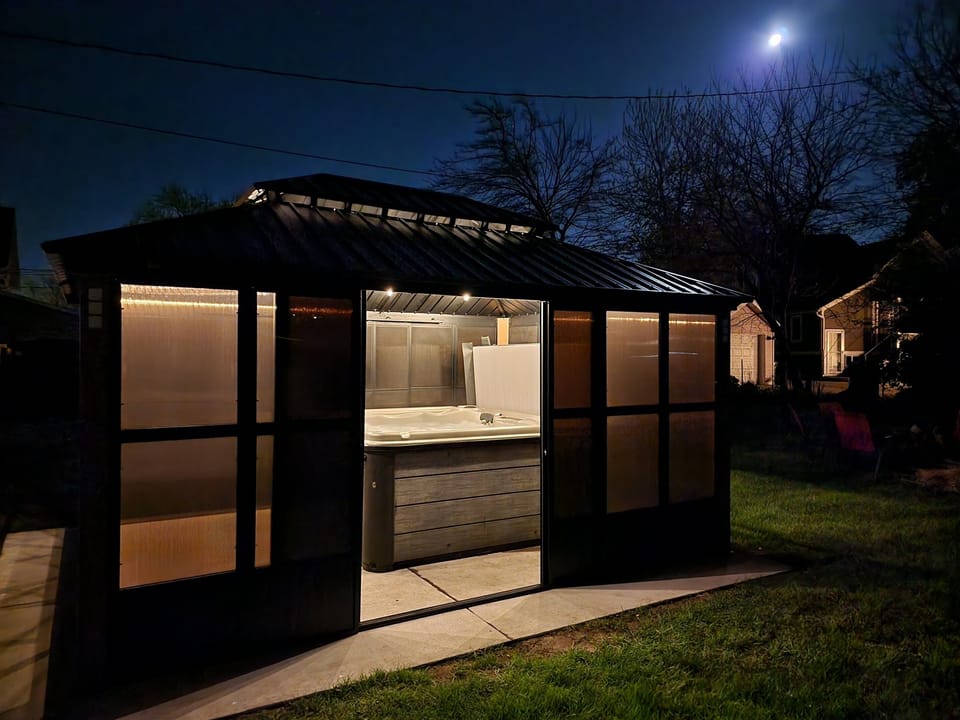 "The Spa" - private, enclosed hot tub pavilion with soft string lights
