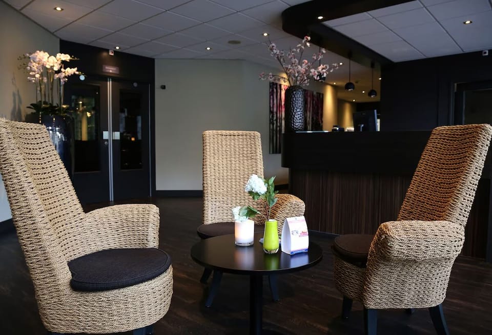 Sink into woven chairs and savor a quiet chat.