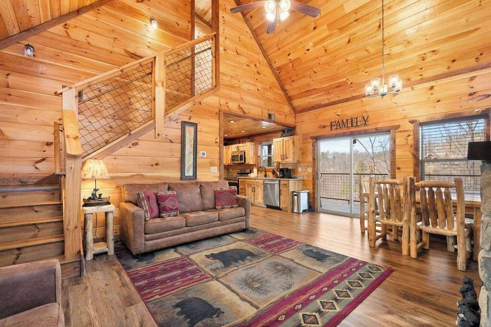 Comfortable seating, soaring ceilings, and mountain cabin charm.