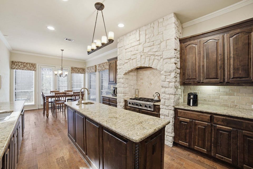 Indoors, Kitchen, Hardwood, Kitchen Island, Chandelier