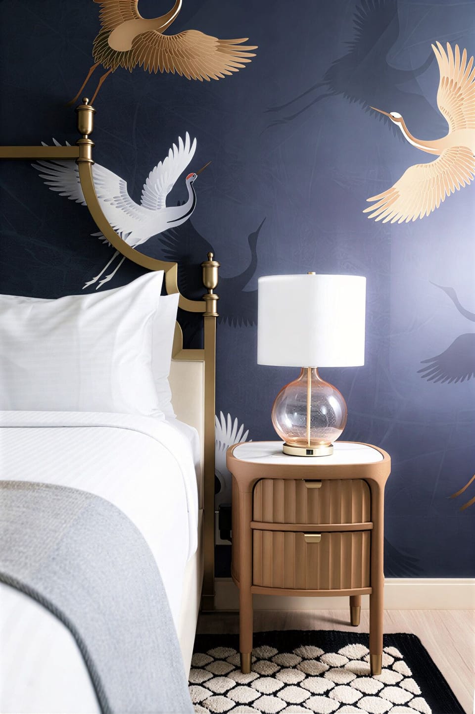 Admire boutique touches with warm lighting and elegant bedside styling.
