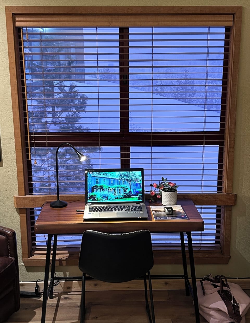 Our dedicated workspace offers a writing desk, mountain views, desk lamp, etc.