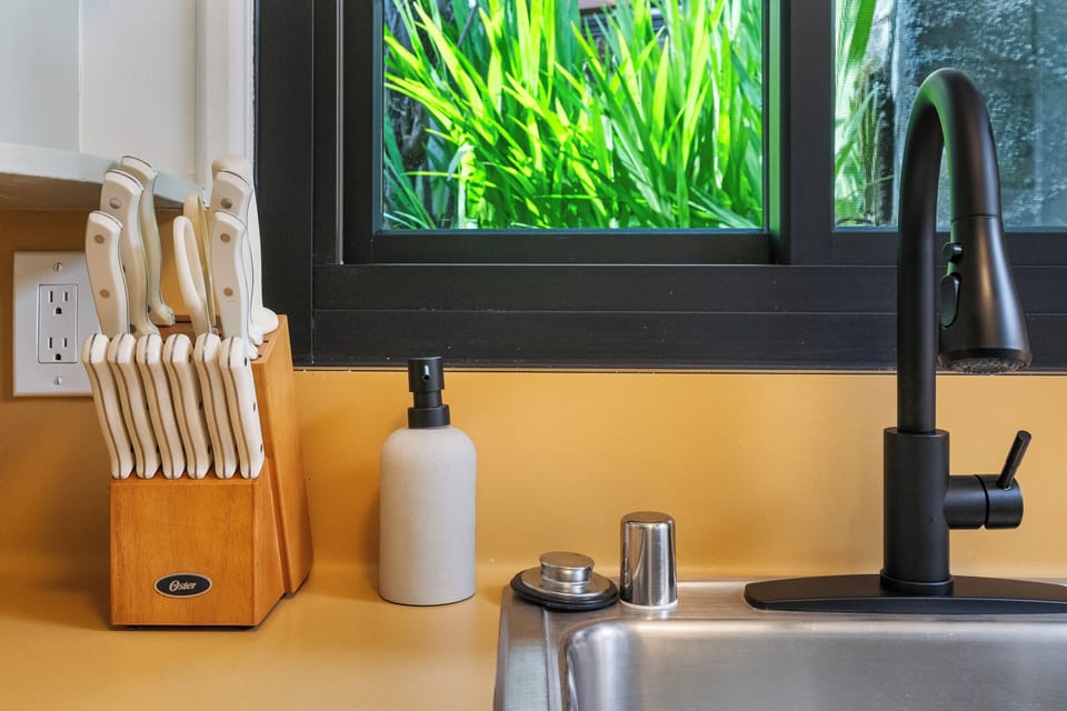 Greenery just outside the kitchen sink—fresh, natural views.