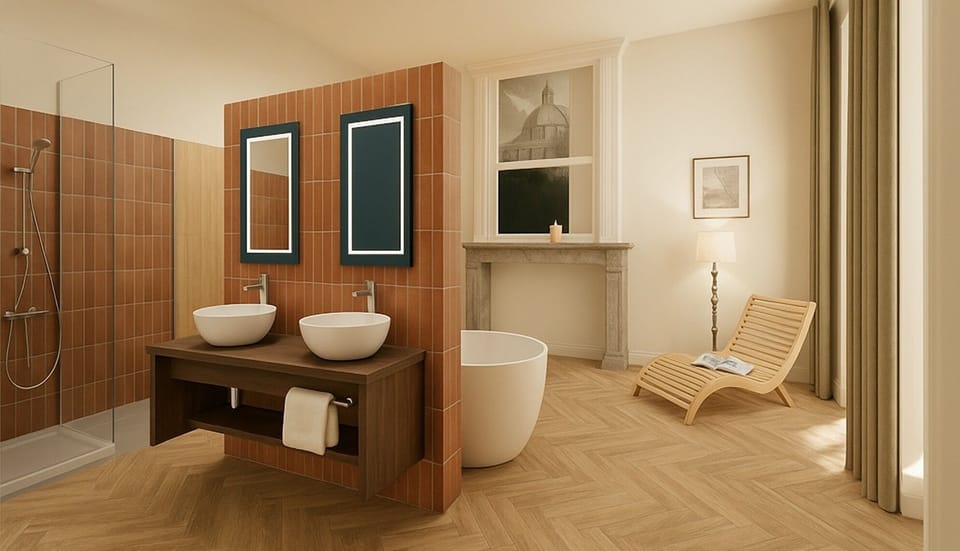 Linger in a spa-bright bathroom with double sinks and tub.