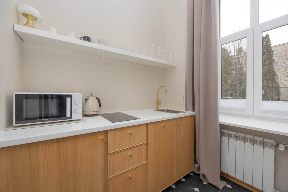 Compact kitchenette with wooden cabinets, open shelves and modern appliances.