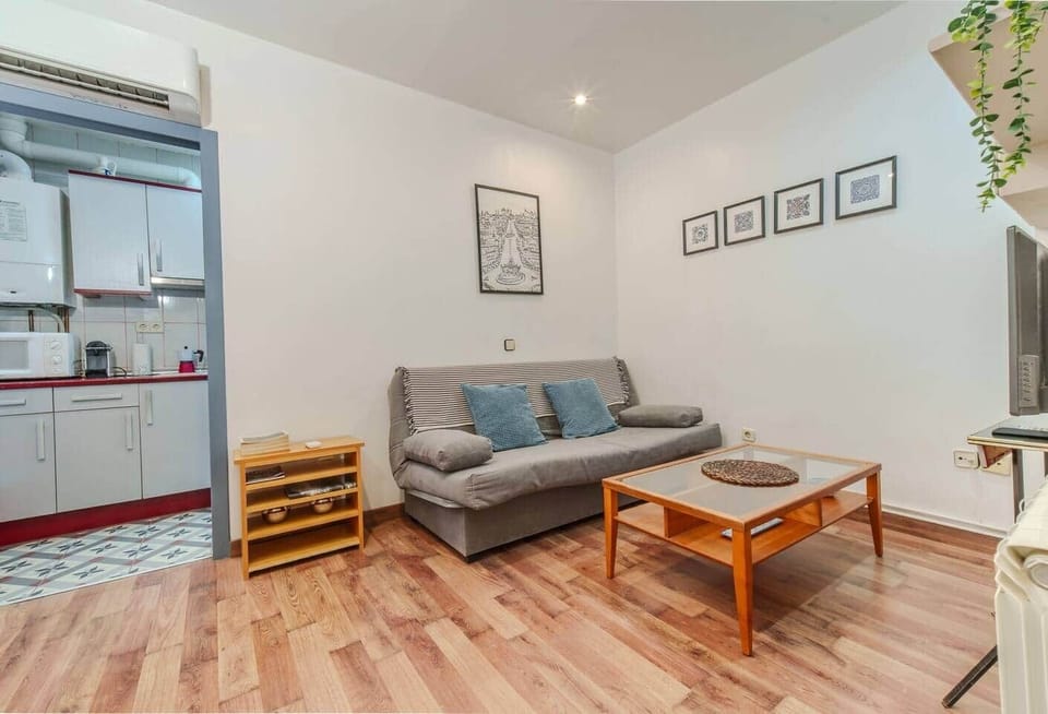 Salón con sofá cama, mesa de centro y cocina abierta