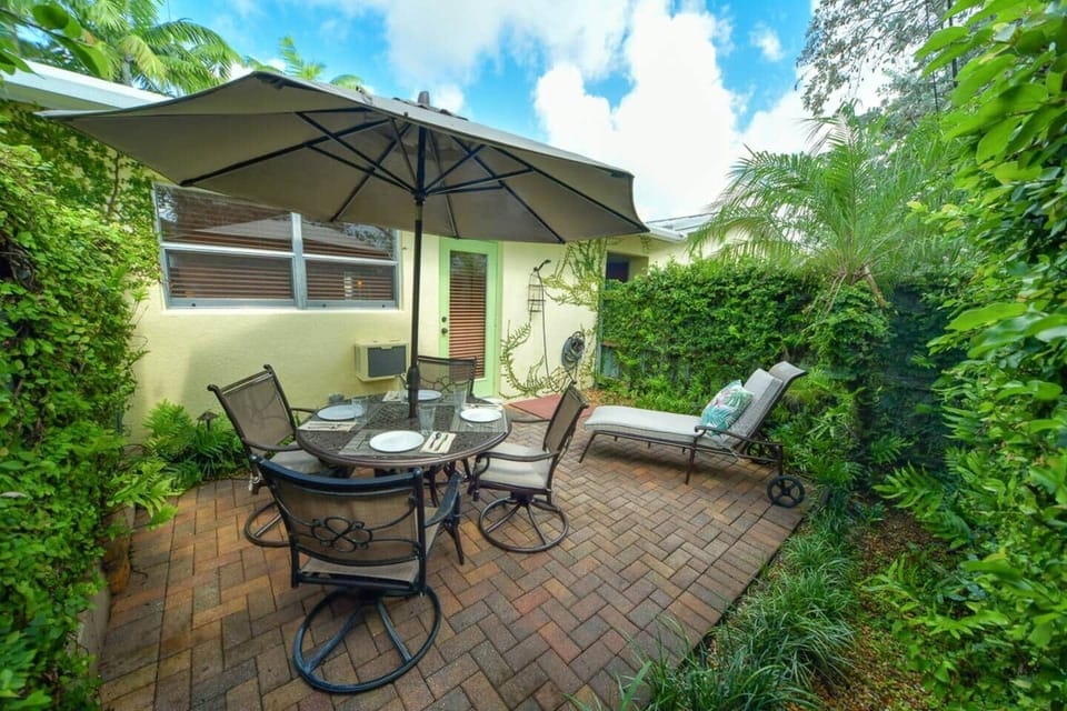 Your Private patio has dining table and chairs and lounge chair.