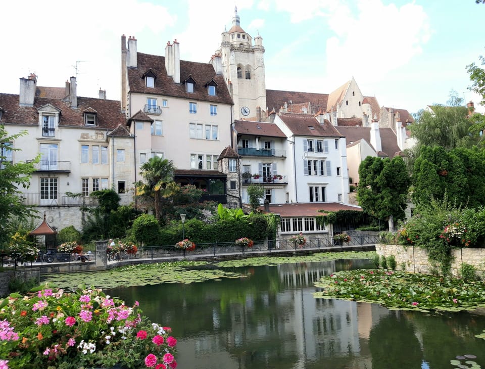 Quaint riverside houses reflect in calm waters, framed by flowers and greenery in this picturesque corner of town.
