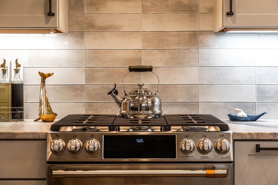 GE Cafe Dual Fuel Stove with air fryer and griddle for morning pancakes
