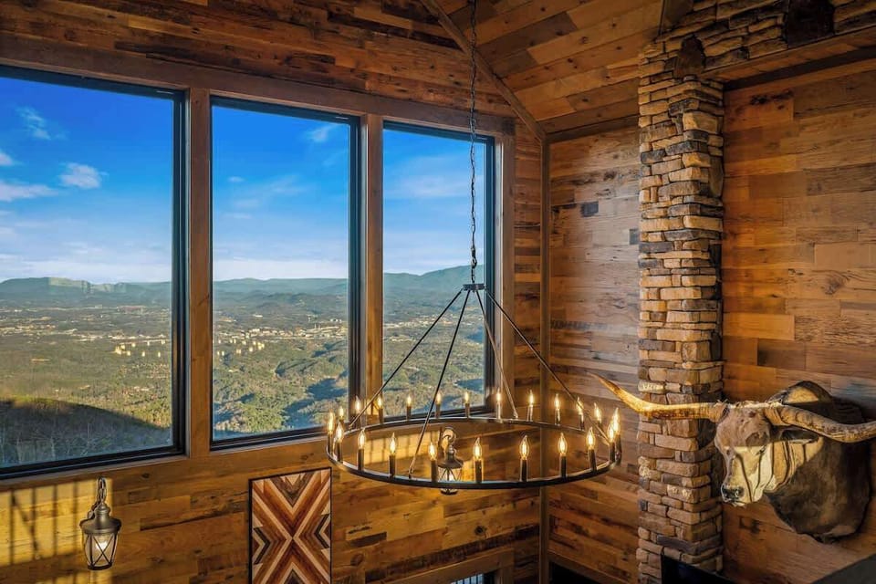 Luxury cabin ceiling with statement chandelier