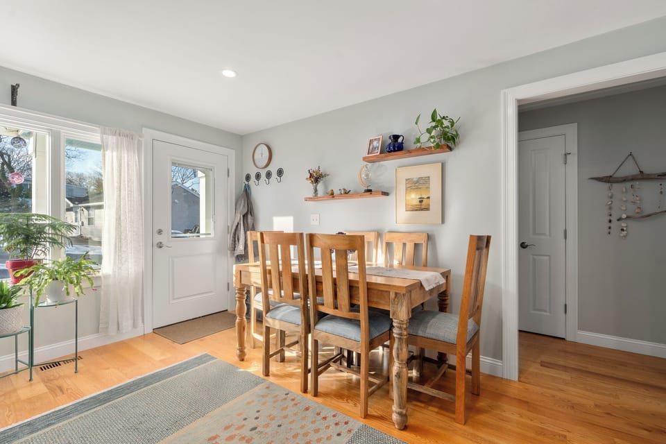 The dining table seats up to 6.