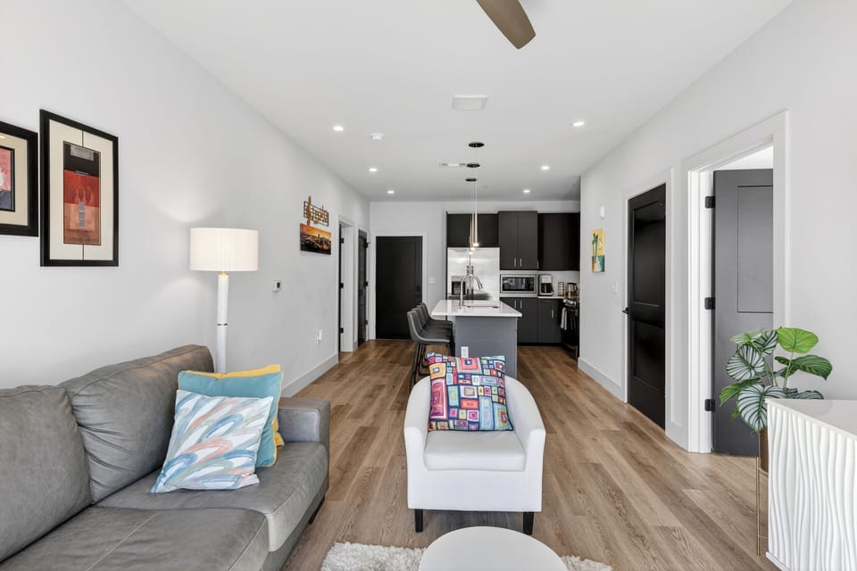 Open layout offers seamless transition from living room to kitchen.