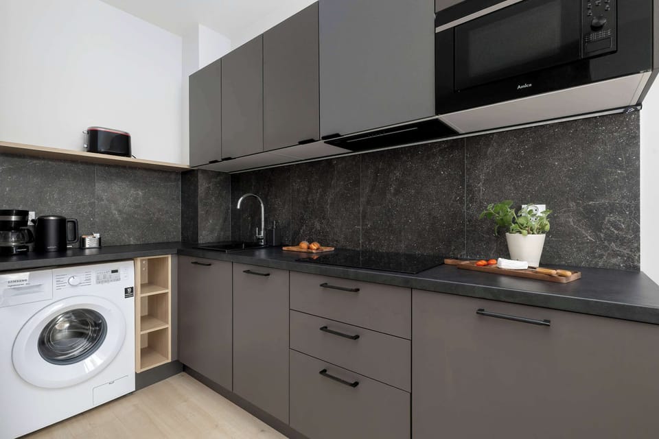 The kitchen is fully equipped with a modern stove and a built-in washing machine for guest convenience. Minimalist decor and a small potted plant on the counter create a home-like feel.