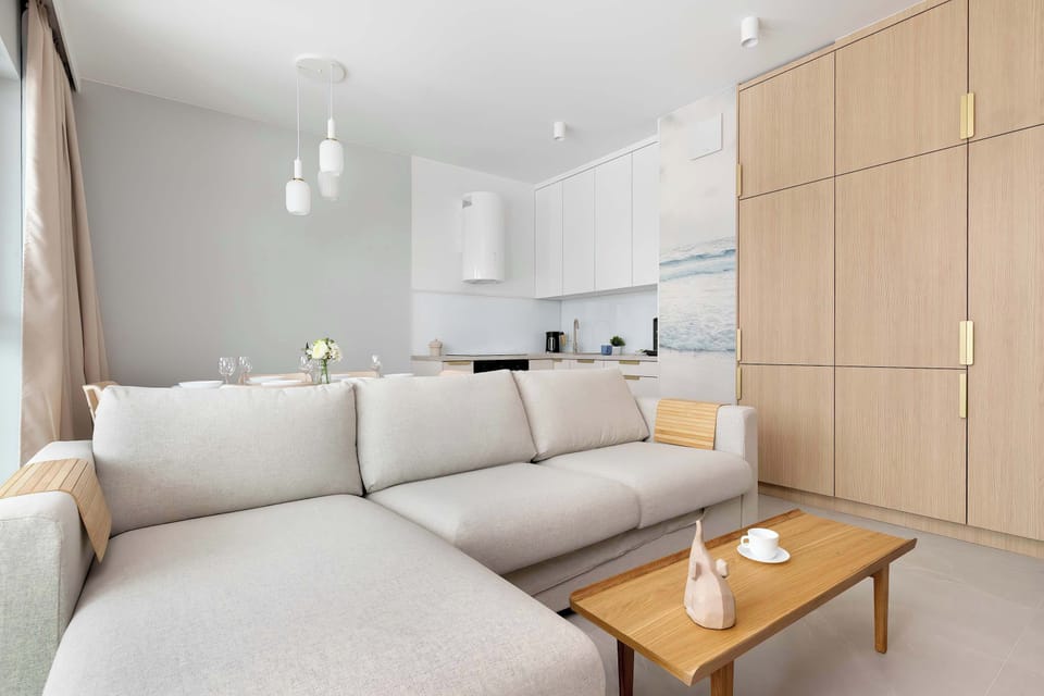 The living room's perspective emphasizes the flow between the seating area and the built-in wooden wardrobe system. High ceilings and white walls enhance the feeling of spaciousness in this modern apartment.