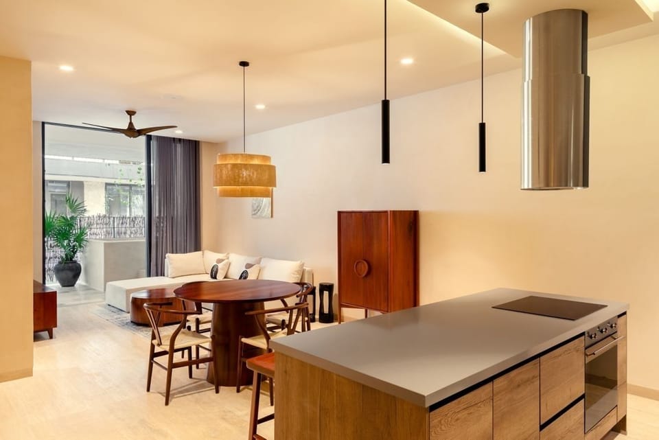 Host easy dinners in the airy open-plan living space.