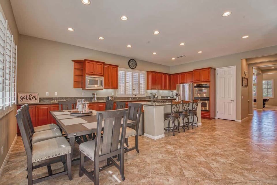 A dining table and bar seating are available in the kitchen to accommodate your group. 