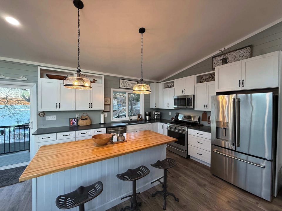 The open kitchen offers ample space & all the comforts of home​