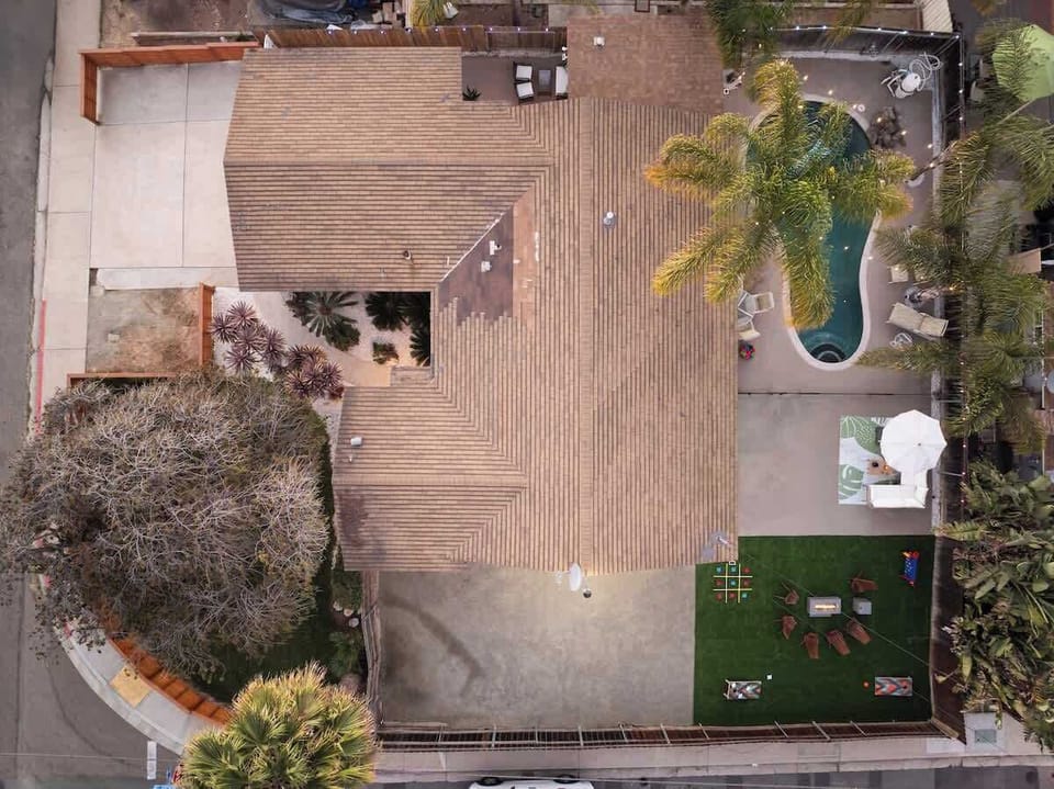 Aerial view of courtyard and seating layout showing outdoor flow and landscaping