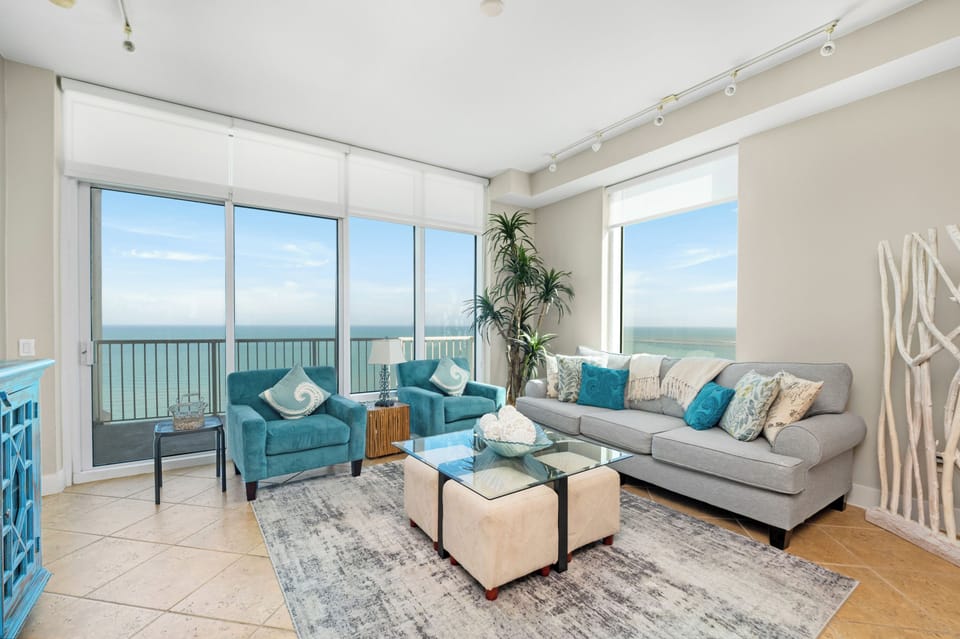 Bright living room with stunning ocean views