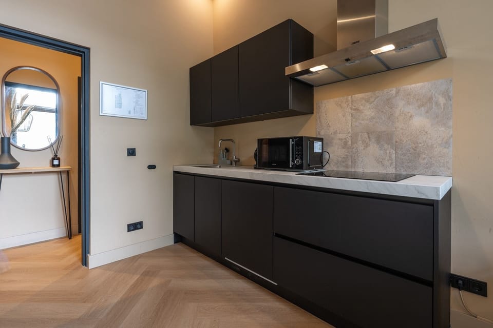 Prepare meals with ease in a modern high quality kitchen featuring essential appliances and a nice workspace.