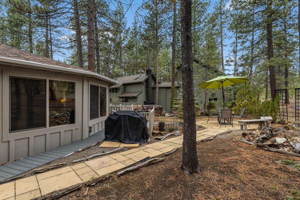 Forest retreat with BBQ area and stone patio perfect for outdoor dining among towering pines.