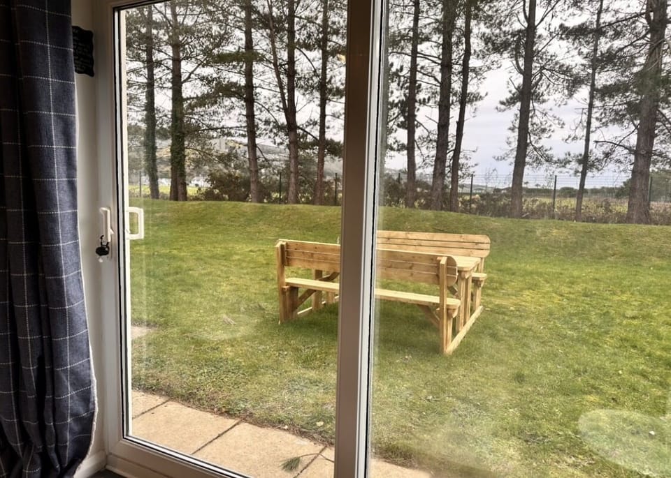 Apartment chair and table in communal outside area