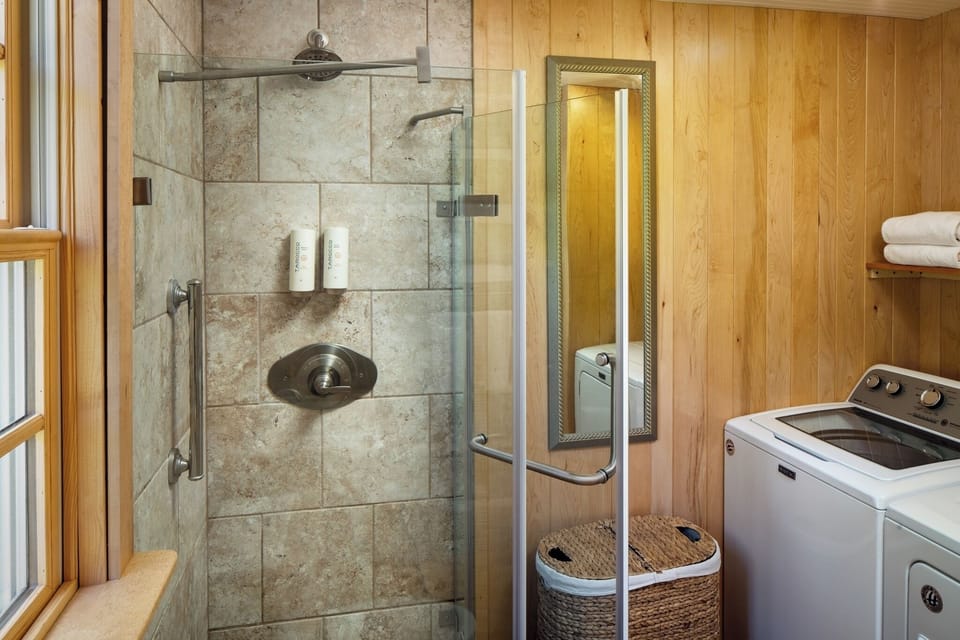 Refresh in a glass shower, then tackle laundry with ease.