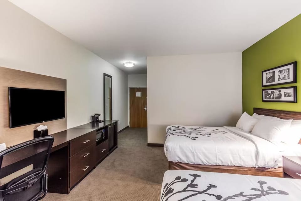 Unwind in a crisp, modern room with workspace and TV.