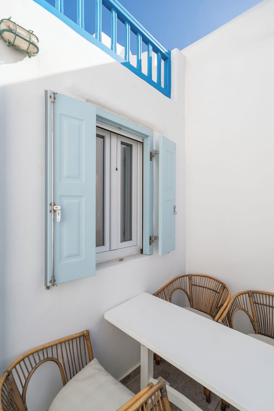 Traditional blue window detail in Mykonos Town