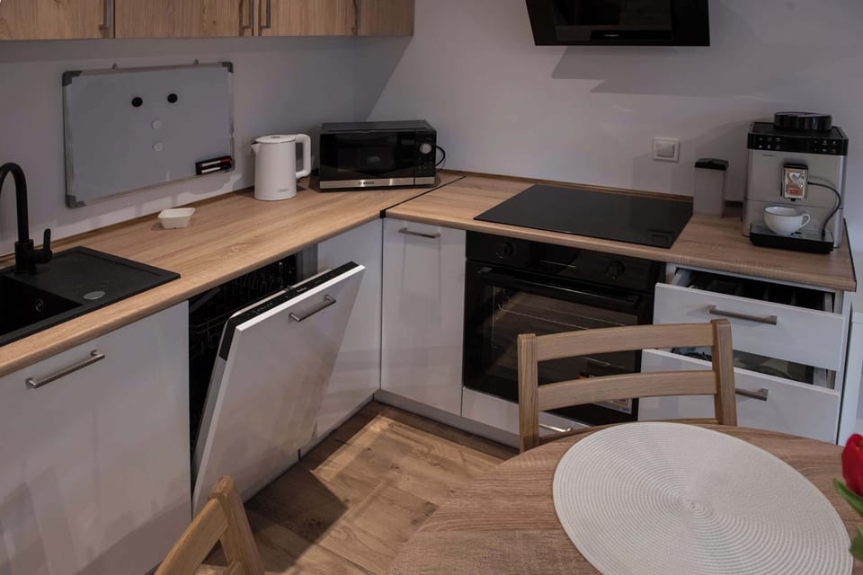 The kitchenette corner is efficiently designed with modern appliances, including a dishwasher, an oven, and a black sink under wooden cabinetry.