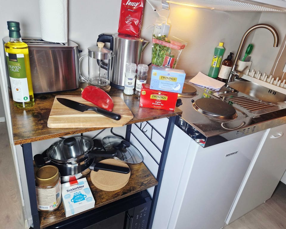 Coffee, tea, toaster, spices, oil, and equipment to make most simple meals