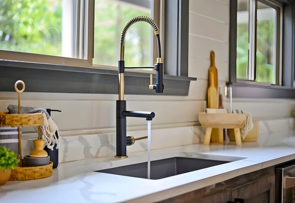 Framed by peaceful outdoor views, the farmhouse sink area adds a cheerful and practical touch to the heart of the home.