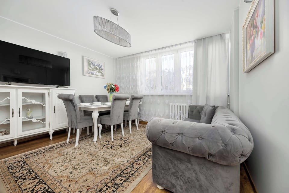 The living area features a sleek coffee table and a flat-screen television.