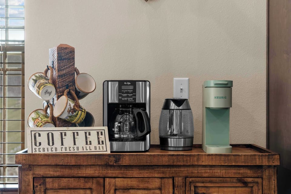 Make sure to bring your favorite coffee! There is a coffee bar with a coffee pot and Keurig!
