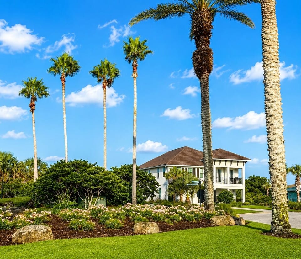 Welcome home for the week. Framed by swaying palms and endless blue Florida sky, this stately coastal retreat is where your family's story unfolds—arrivals full of anticipation, hugs on the porch, and promises to return before you've even left.