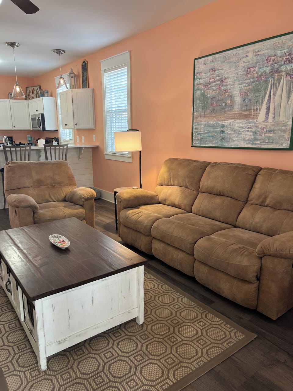 Comfy new sofa with recliners on each end and a recliner chair 