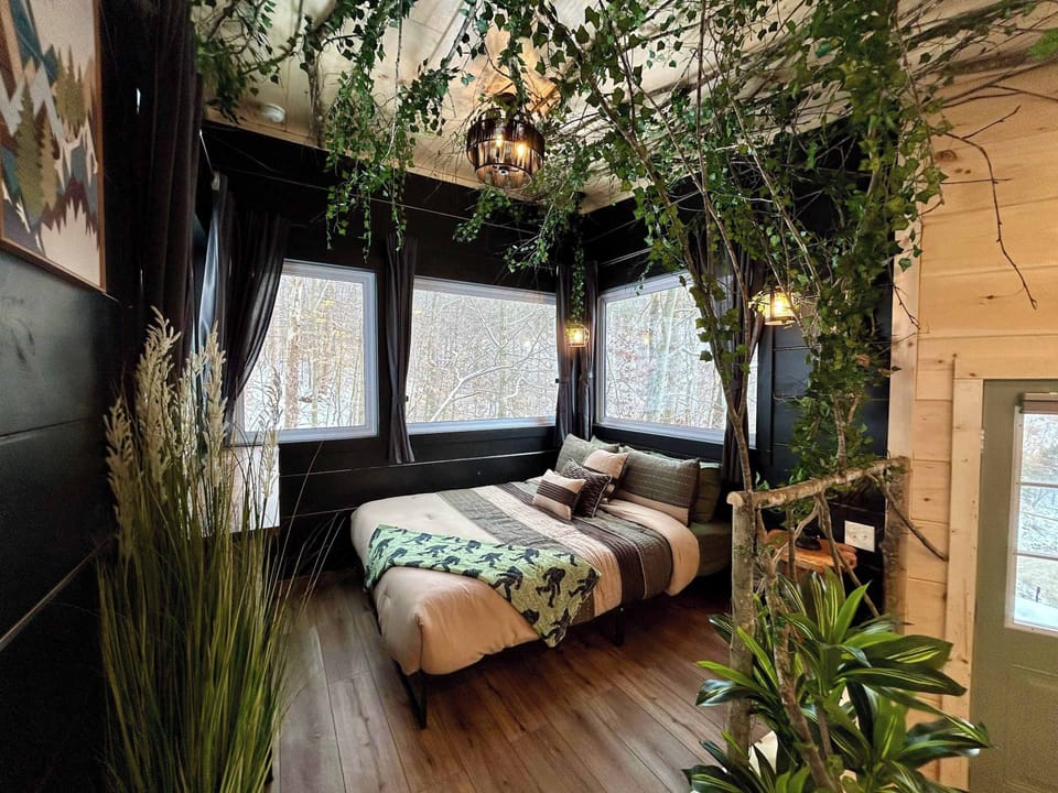 Drift off in a queen bed under a canopy of branches and vines, surrounded by four large windows that fill the space with natural light & views of the surrounding forest. 