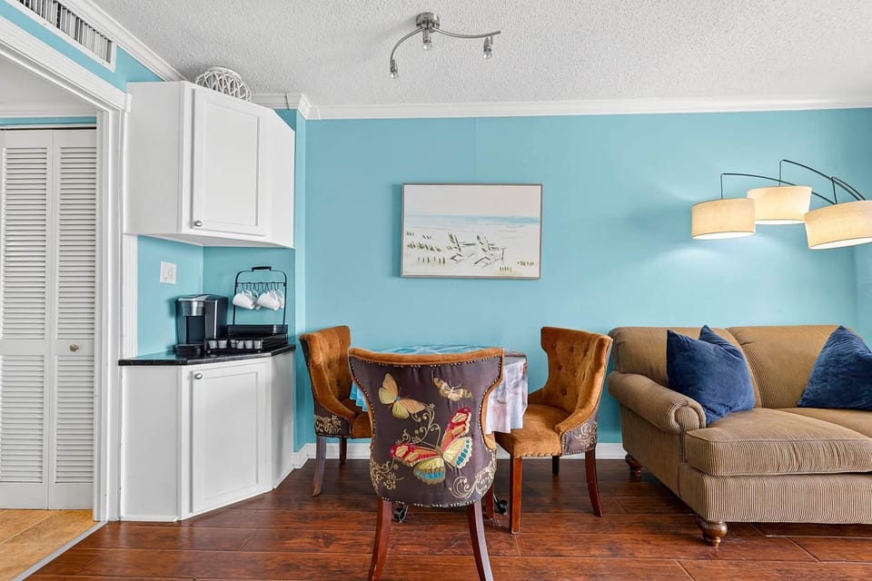 Sunny living room and dining area