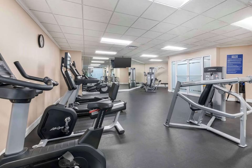 Recharge with a motivating workout in the clean fitness room.