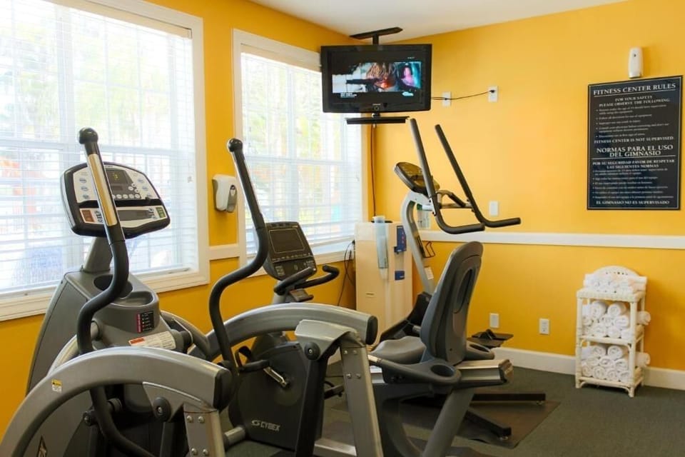 Recharge with a quick workout in the bright fitness room