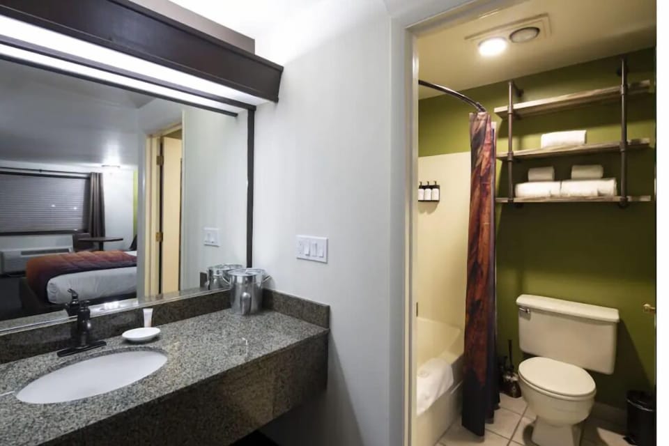 Full bathroom with a shower. Basic toiletries and towels are provided