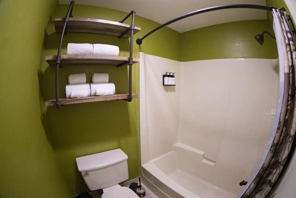 Full bathroom with a shower and tub. Basic toiletries and towels are provided