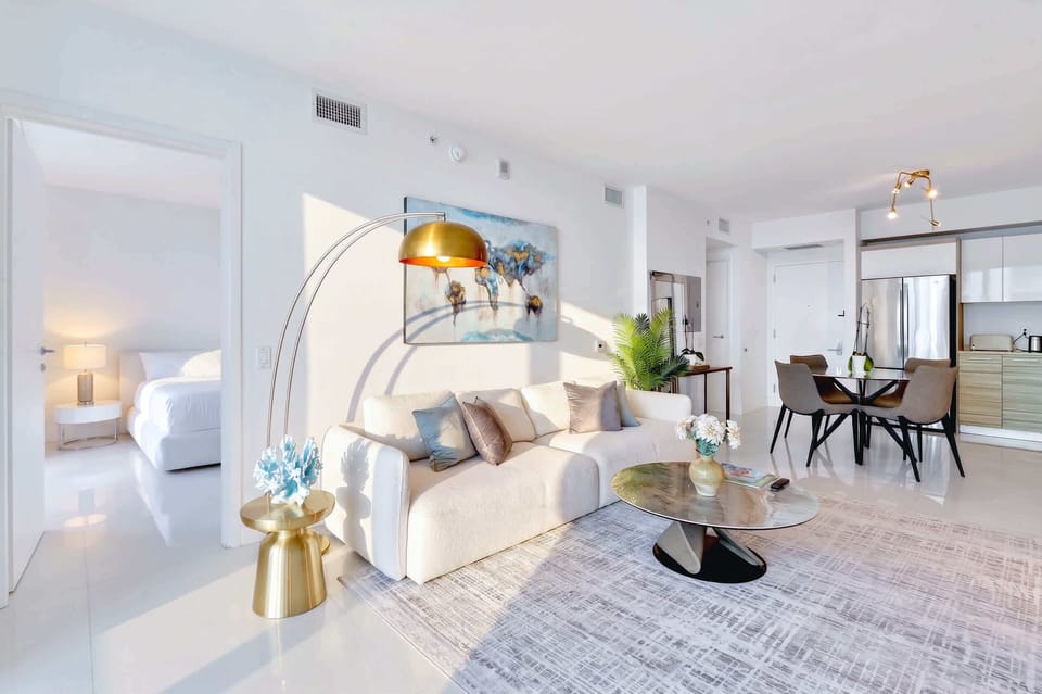 Spacious living room with smart TV and comfortable seating