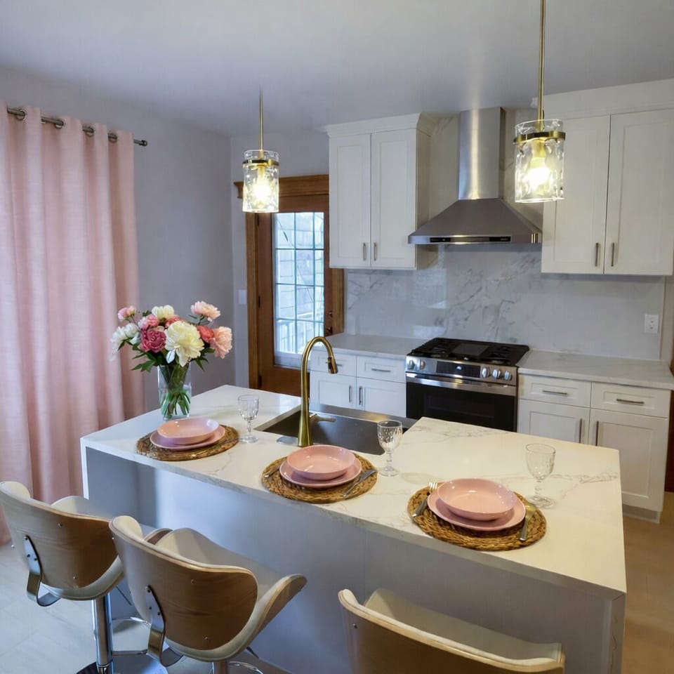 Modern kitchen with waterfront view