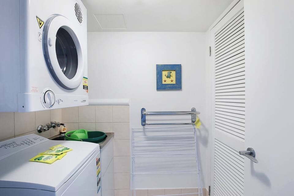 Laundry facilities include a washing machine, dryer and basin.
