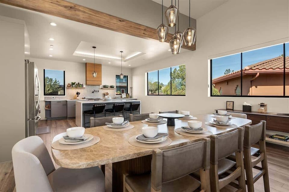 Kitchen opens to spacious dining